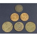 Six gaming tokens, to include two sovereign effect, three Guinea effect and a half guinea effect, (