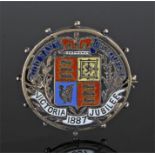 Victorian enamelled 1887 Jubilee coin, polychrome enamels, uniface, brooch mounted, 32mm diameter