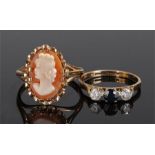 Two 9 carat gold rings, the first with a cameo, the second stone set, 5.5 grams total weight