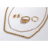 Gold jewellery, to include a 9 carat ring, two 9 carat gold chains, a pair of 9 carat gold earrings,