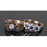 Two 9 carat gold rings, the first with three cubic zirconia flower heads, sapphires to the centre,