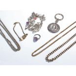 Silver charm bracelet, with various charms, together with chains a silver ring and a key fob, (qty)