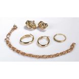 9 carat gold jewellery, to include two pairs of earrings,a chain and a ring, total weight 9.8 grams