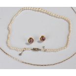 Pair of 9 carat gold amethyst set earrings, together with a 9 carat gold necklace and a silver