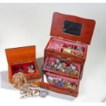 Two costume jewellery cases, a walnut box with costume jewellery, together with a miniature chest of