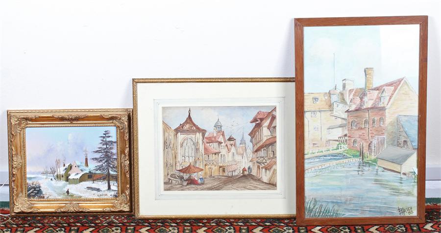 Watercolour of a cityscape, together with an oil of a snowy scene and a watercolour signed Hatch 52,