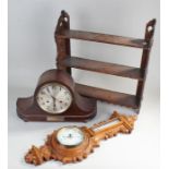 !920's mahogany cased mantel clock, together with, a set of oak wall shelves and a late Victorianoak