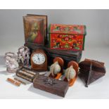 Mixed works of art, to include a bracket, boxes, pair of globes, a clock, two Staffordshire figures,