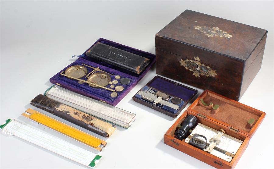 Mixed scientific items, to include rules, drawing sets, flasks, etc, (qty)