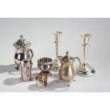 Collection of silver plated wares, to include a tankard, a pair of candlesticks, a cup, a mug and