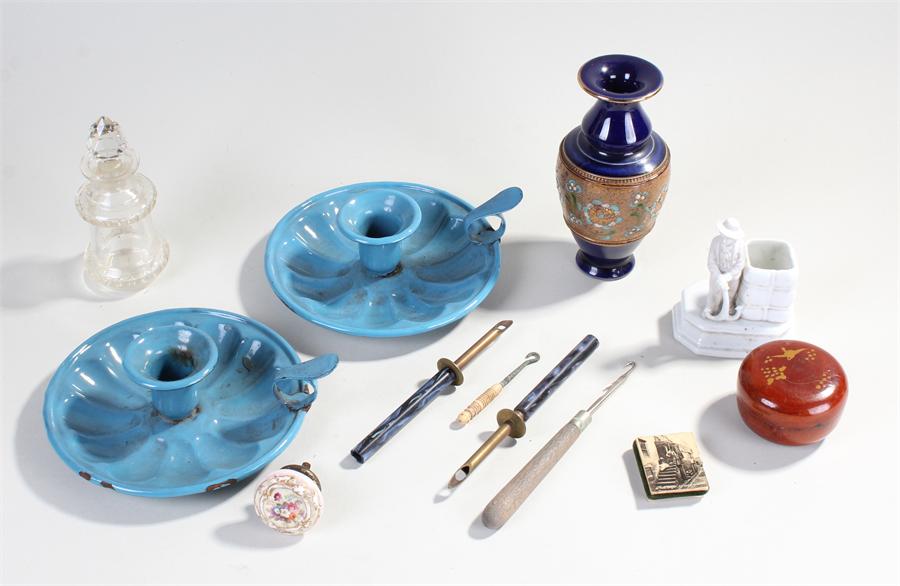 Mixed objects, to include a match box holder, a pot, enamel candlesticks, ink well, etc, (qty)
