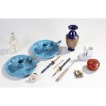 Mixed objects, to include a match box holder, a pot, enamel candlesticks, ink well, etc, (qty)