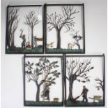 Set of four Folk Art iron window panels, each with polychrome painted country side scenes, 37cm x