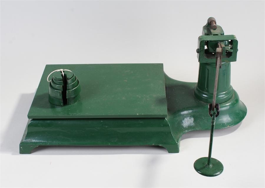 Set of green painted scales, with weights