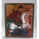 19th Century Balkan icon, the pine board with laid canvas, painted with St George and the Dragon,