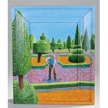 Tony Bellers, oil on board, of a gardener, conforming painted frame, 37c x 45cm