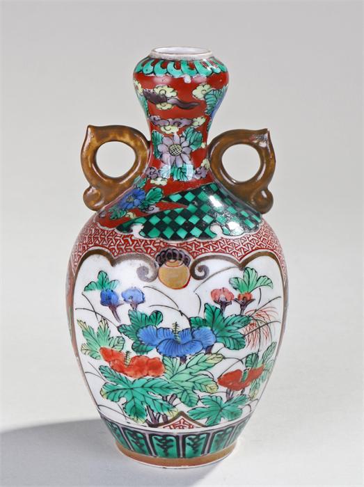 19th Century Kutani Vase, decorated in polychrome colours, a pagoda on a riverside with trees, 14.