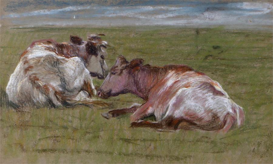 Manner of Thomas Sidney Cooper, (1803-1902) cattle resting, unsigned watercolour, 35cm x 21cm