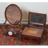 Edwardian mahogany mantel clock, two swing mirrors and an oak inlaid box (4)