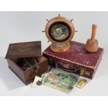 Early 20th leather case, together with, novelty oak cased clock, glass prism drops etc. (qty)