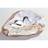 Painted oyster shell, Orford, signed Millie, 14cm long