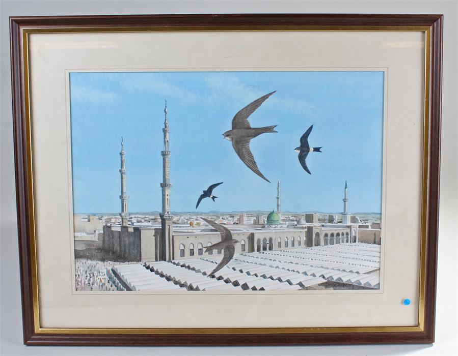 Saudi Arabian school, Swifts and House Martin, Medina, unsigned watercolour, 36cm x 25cm excluding