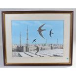 Saudi Arabian school, Swifts and House Martin, Medina, unsigned watercolour, 36cm x 25cm excluding