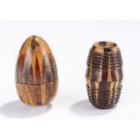 Treen thimble cases, the first of egg form, the second of barrel form, 45mm high