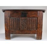 16th Century and later oak coffer, circa 1540, the later hinged rectangular top enclosing storage