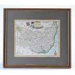 18th Century map of Suffolk, hand coloured, 20cm x 16cm excluding frame