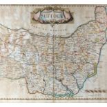 17th Century map of Suffolk, Robert Morden, circa 1695, hand coloured, 43cm x 38cm excluding