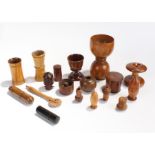 Collection of treen, to include a measure, pie crimper, containers, needle case, etc (qty)