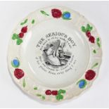 19th Century nursery plate, "The Serious Boy" with embossed painted flowers, 19.5cm wide