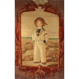 19th Century textile picture of the young Prince Edward, standing by a coastline textile border,