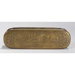 18th Century Dutch brass tobacco box, made by Johann Christian Marme, decorated with scrolls, a ship