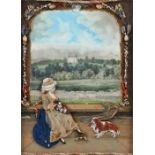 Mid 19th Century diorama of a lady with dogs in front of wooded landscape, watercolour and collage