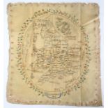 George III map sampler, signed by J.A. Fairhairn, 1812, with a flower border, unframed, 48cm x 52cm