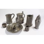 19th Century pewter tankard, together with another, a lidded tankard and other items of pewter, (