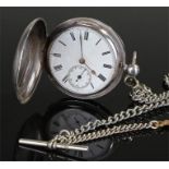 Silver hunter pocket watch, white enamel dial, silver chain attached