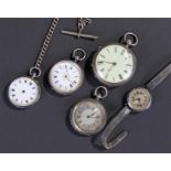 Silver pocket watches, three open face enamel examples, one with a silvered dial, a sliver ladies