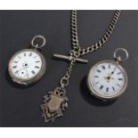 Two silver openface pocket watches, together with a silver pocket watch chain, (3)