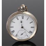 Silver open face pocket watch, with a white enamel dial, Roman hours and subsidiary seconds dial