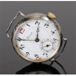 Lenroc silver trench watch, with a white enamel dial, Arabic hours, case 33mm wide