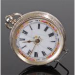 Victorian silver openface watch, with foliate case back, white enamel dial with Roman hours,