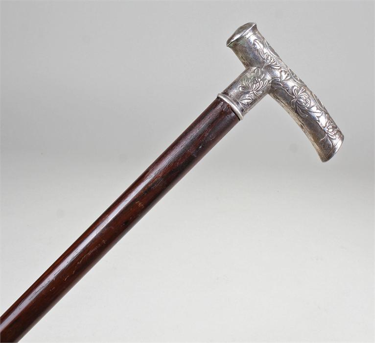 Late 19th Century Chinese white metal walking stick, the white metal handle with Chinese