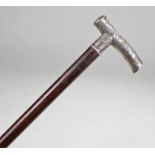 Late 19th Century Chinese white metal walking stick, the white metal handle with Chinese