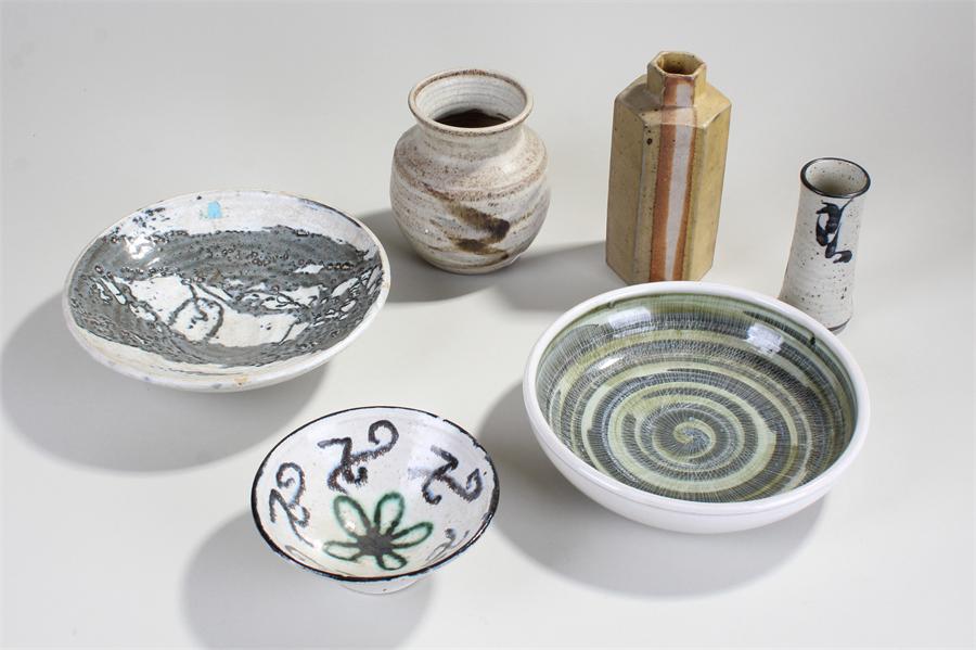 Six pieces of individually marked studio pottery, to include three vases, three dishes, including