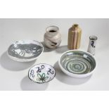 Six pieces of individually marked studio pottery, to include three vases, three dishes, including