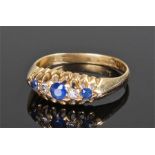 18 carat gold diamond and sapphire set ring with three sapphires and two diamonds, ring size O