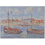 Cor Visser (Dutch 1903-1982), Gravelines France, 1932, boats by a town, watercolour, signed in